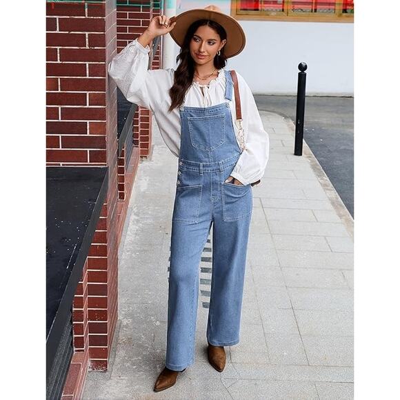 Womens Wide Leg Baggy Stretch Denim Cargo Overalls Boho Western Cottage XL - Picture 3 of 7